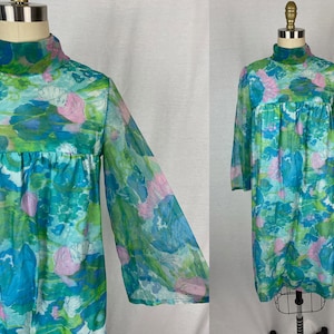 vintage 1960s dress // size medium // 60s blue green pink floral sheer chiffon babydoll dress mod style mock neck