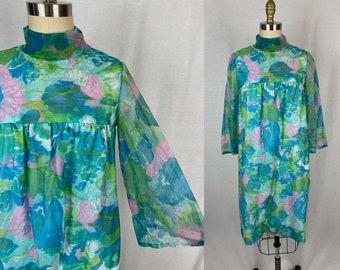 vintage 1960s dress // size medium // 60s blue green pink floral sheer chiffon babydoll dress mod style mock neck