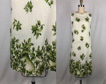 vintage 1960s dress // size small - medium // 60s white cotton sheath green leaf print wiggle sleeveless summer sheath dress