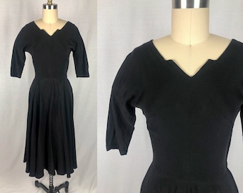 vintage 1940s dress // size extra small // 40s black silk crepe full skirt geometric notched neckline dolman sleeve evening party dress
