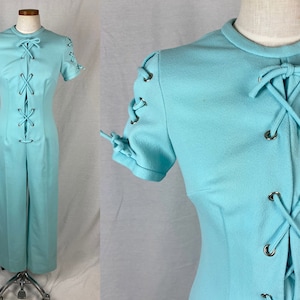 vintage 1970s jumpsuit // size medium // 70s aqua teal blue lace up romper