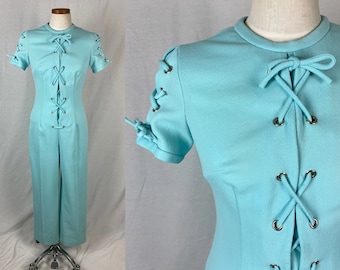 vintage 1970s jumpsuit // size medium // 70s aqua teal blue lace up romper