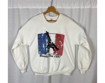 vintage 1990s sweatshirt // size extra large // 90s white cotton french bastille day 1991 festival celebration pullover