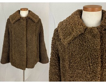 vintage 1940s coat // size large // 40s brown curly boucle teddy bear jacket