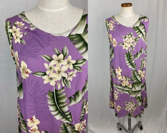 vintage 1990s dress // size large // 90s purple tropical floral print hawaiian shift dress