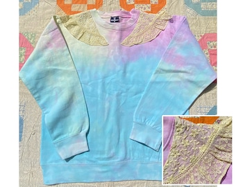 upcycled sweatshirt // size large - extra large // blue pink yellow tie dye pullover vintage lace collar