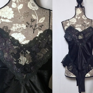 vintage 1980s lingerie // size small - medium // 80s black lace satin step in bedroom teddy sleepwear one piece bodysuit