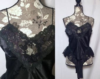 vintage 1980s lingerie // size small - medium // 80s black lace satin step in bedroom teddy sleepwear one piece bodysuit