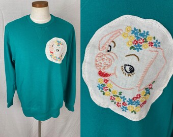 vintage upcycled sweatshirt // size extra large // teal blue pig embroidery tea towel pull over