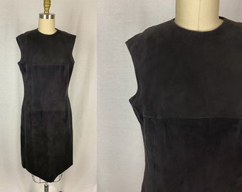 vintage 1970s vestido // tamaño pequeño // 70s chocolate marrón cuero ante vaina otoño otoño otoño jersey pinafore túnica