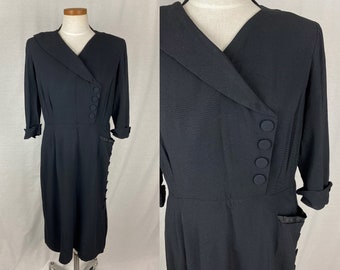 vintage 1950s dress // size large // 50s black crepe rayon wiggle pin up dress v neck lapel buttons