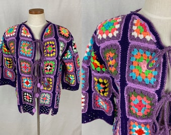 vintage crochet jacket // size medium - large // purple granny square cardigan coat