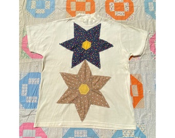 vintage 1990s upcycled top // size large - extra large // 90s yellow off white mock neck floral blue brown quilt patchwork star appliqué