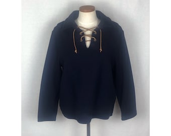 vintage 1970s top // size extra large // 70s navy blue wool navy sailor style pullover leather rope cord lace up collar neckline