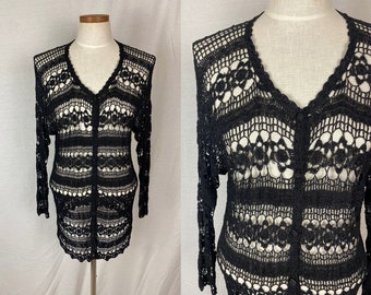 vintage 1970s cardigan // size medium // 70s black open weave crochet button up sweater