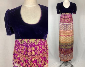 vintage 1970s dress // size small - medium // 70s maxi dress purple velvet empire waist boho mixed print puff sleeves