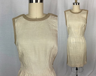 vintage 1950s 1960s dress // size small - medium // 50s 60s tan brown linen sheath dress