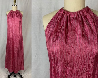 vintage 1970s dress // size medium // 70s metallic pink lamé maxi halter disco dress