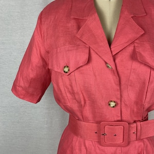 vintage 1980s dress // size small // 80s pink linen shirt dress safari style matching belt brooks brothers image 6