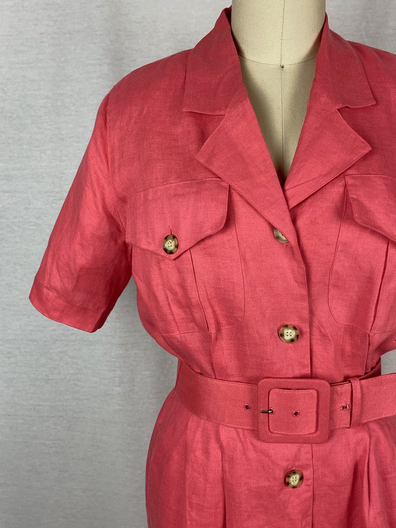 vintage 1980s dress // size small // 80s pink linen shirt dress safari style matching belt brooks brothers image 6