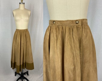vintage 1970s skirt // size extra small // 70s brown tan suede leather trim a line midi length hippie boho