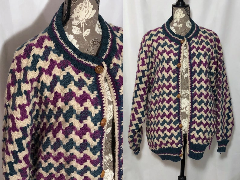 extra large south american chunky knit purple green white cold weather sweater vintage cardigan size large