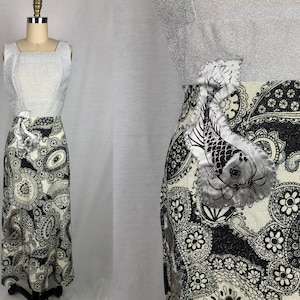 vintage 1970s dress // size small // 70s disco maxi dress silver lurex black paisley sateen koi fish applique