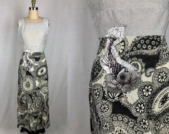 vintage 1970s dress // size small // 70s disco maxi dress silver lurex black paisley sateen koi fish applique