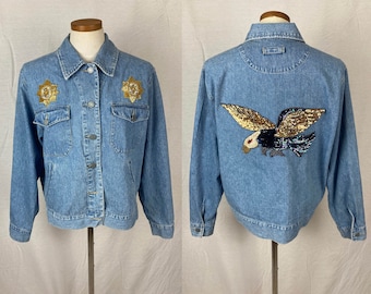 vintage 1990s upcycled jean jacket // size large // 90s denim sequin beaded bedazzled coat eagle western insp