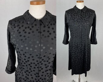 vintage 1950s dress // size large // 50s black satin twill polka dot zip up shirtdress