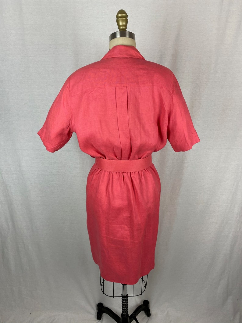 vintage 1980s dress // size small // 80s pink linen shirt dress safari style matching belt brooks brothers image 5