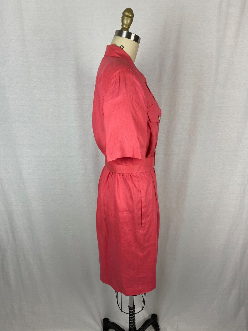 vintage 1980s dress // size small // 80s pink linen shirt dress safari style matching belt brooks brothers image 4