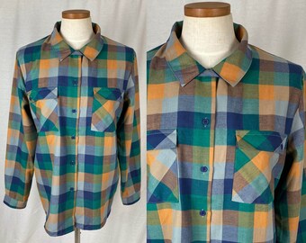 vintage 1970s top // size extra large // 70s green blue orange plaid western wear blouse