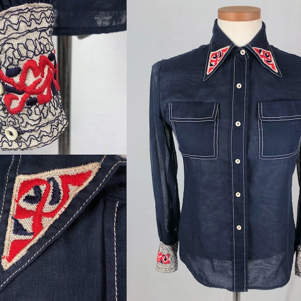 vintage 1970s does 1940s top // size medium - large // 70s does 40s style western blouse navy blue cotton embroidered dagger collar