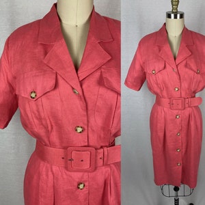 vintage 1980s dress // size small // 80s pink linen shirt dress safari style matching belt brooks brothers image 1