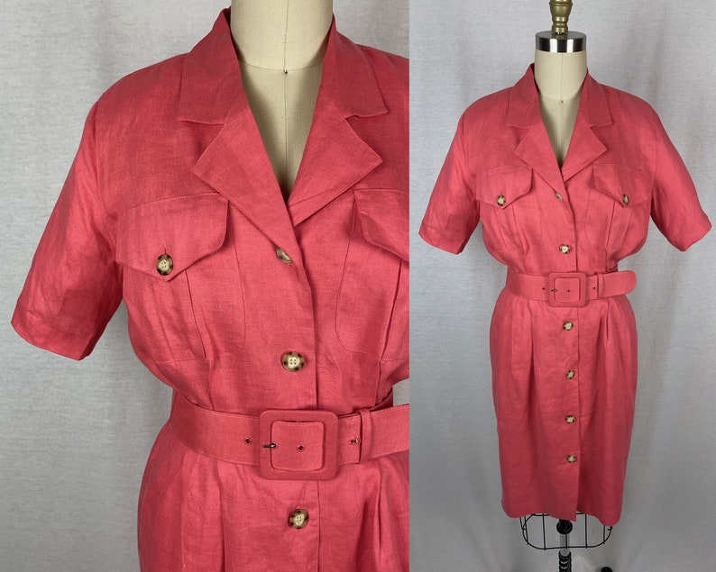 vintage 1980s dress // size small // 80s pink linen shirt dress safari style matching belt brooks brothers image 1