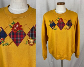 vintage 1990s sweatshirt // size extra large // 90s mustard yellow red floral plaid pullover