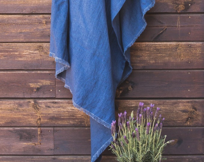 Linen Blanket in Blue of Natural Flax, Linen Throw Blanket with fringed edges, Summer Blanket, Organic Linen, Thick Linen Bed Cover, Gift