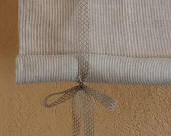 Striped Linen roll up blind, Tie up blind, Linen tie up curtain, Pure linen panel, Kitchen curtain, Bathroom window treatment,  Home decor