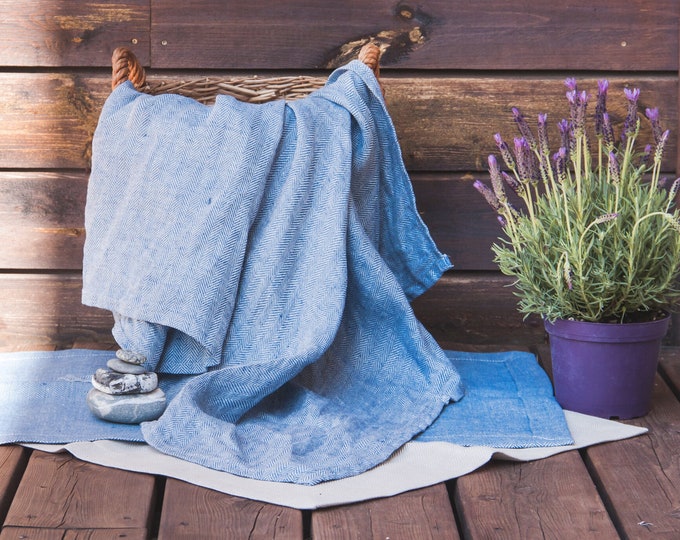 Linen Bath Mat + Towels - Blue Linen Bath Set - Double-layered mat - Grey linen rug - Linen Sauna set - Pure linen bath rug - Yoga rug