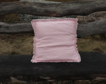 Pink linen pillow with raw edge, Lumbar linen pillow cover, Bench cushion, Pure linen pillowcase,  Natural linen pillow,  Modern home decor