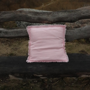 Pink linen pillow with raw edge, Lumbar linen pillow cover, Bench cushion, Pure linen pillowcase,  Natural linen pillow,  Modern home decor