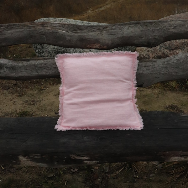 Almohada de lino rosa con borde crudo, Funda de almohada de lino lumbar, Cojín de banco, Funda de almohada de lino puro, Almohada de lino natural, Decoración moderna del hogar