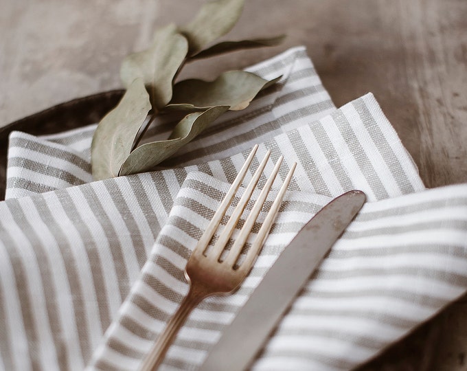 Set of Striped Linen Tablecloth and Napkins, White Grey Linen Tablecloth, Easter Table Setting, Christmas Tablecloth, Mother's Day Decor