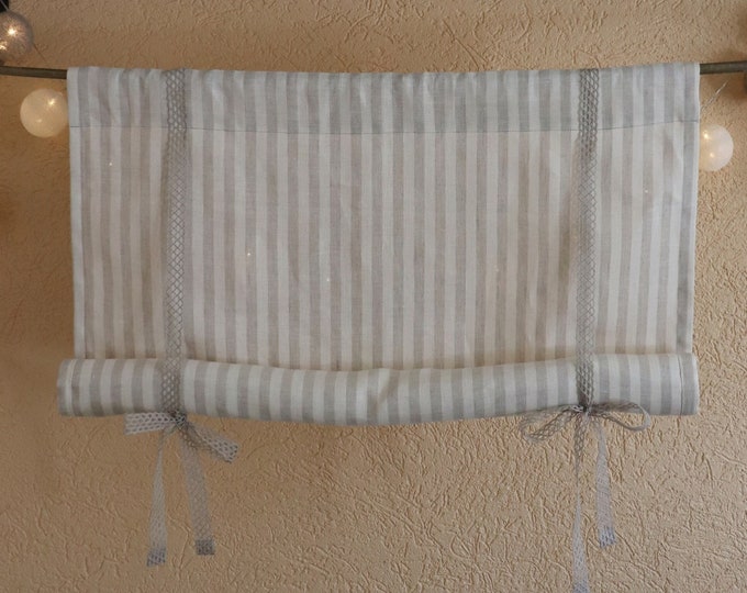 Striped Linen Roll Up Blind, Tie up blind, Linen tie up curtain, Pure linen panel, Kitchen curtain, Living room window covering,  Home decor