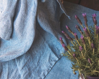 Soft Pure Linen Blanket - Natural Linen  Blanket in a herring bone pattern - Blue Linen Throw Blanket - Beach Blanket - Bedspread - Summer