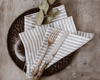 Striped Linen Napkin set of 6 8 10. White Grey Napkins. Ticking Striped Linen. Easter Linen Napkins. Christmas Napkins. French Style napkins