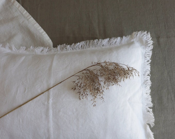 Soft linen pillowcase with fringed edge, White linen pillow cover, Natural linen pillow, Pure linen pillowcase, Long lumbar pillow, Bedding