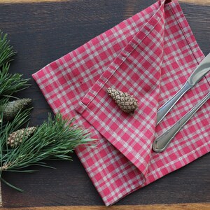 Christmas Napkins of organic linen flax in checkered pattern. Red Grey napkin set of 6 8 10. Festive napkins of natural linen. Thanksgiving