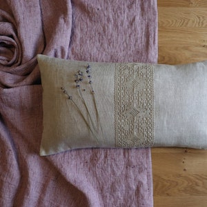 Oatmeal linen pillow cover with lace, Lumbar linen pillow of natural flax, Decorative linen pillow, Linen cushion, Pure linen pillow case